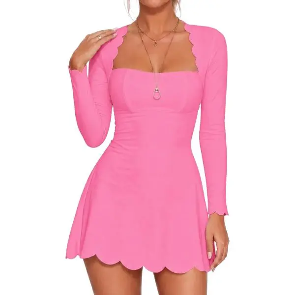 Fisoew Women's Scalloped Square Neck Mini Dress, Long Sleeve Bodycon Fit Flare A Line Short Dress Solid Cute Club Party Skater Dress