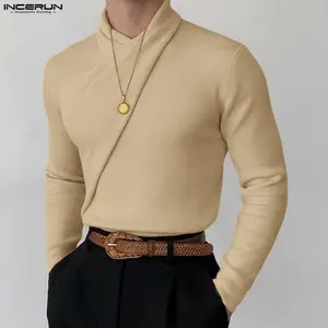 INCERUN Spring/Summer Men's Fashion Knitted Texture Cross-Design Long Sleeve Pullover Sweater