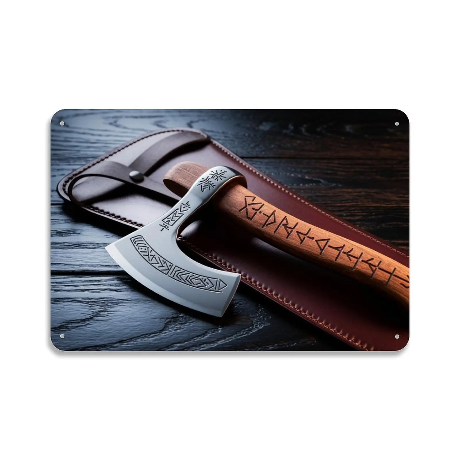Viking Rune Engraved Axe Head Tin Sign， Vintage Norse Mythology Metal Sign Print Aesthetic Room Decoration for Home Bedroom Kitchen Dorm Bathroom Wall Decor 8 X 12， Easy to Hang