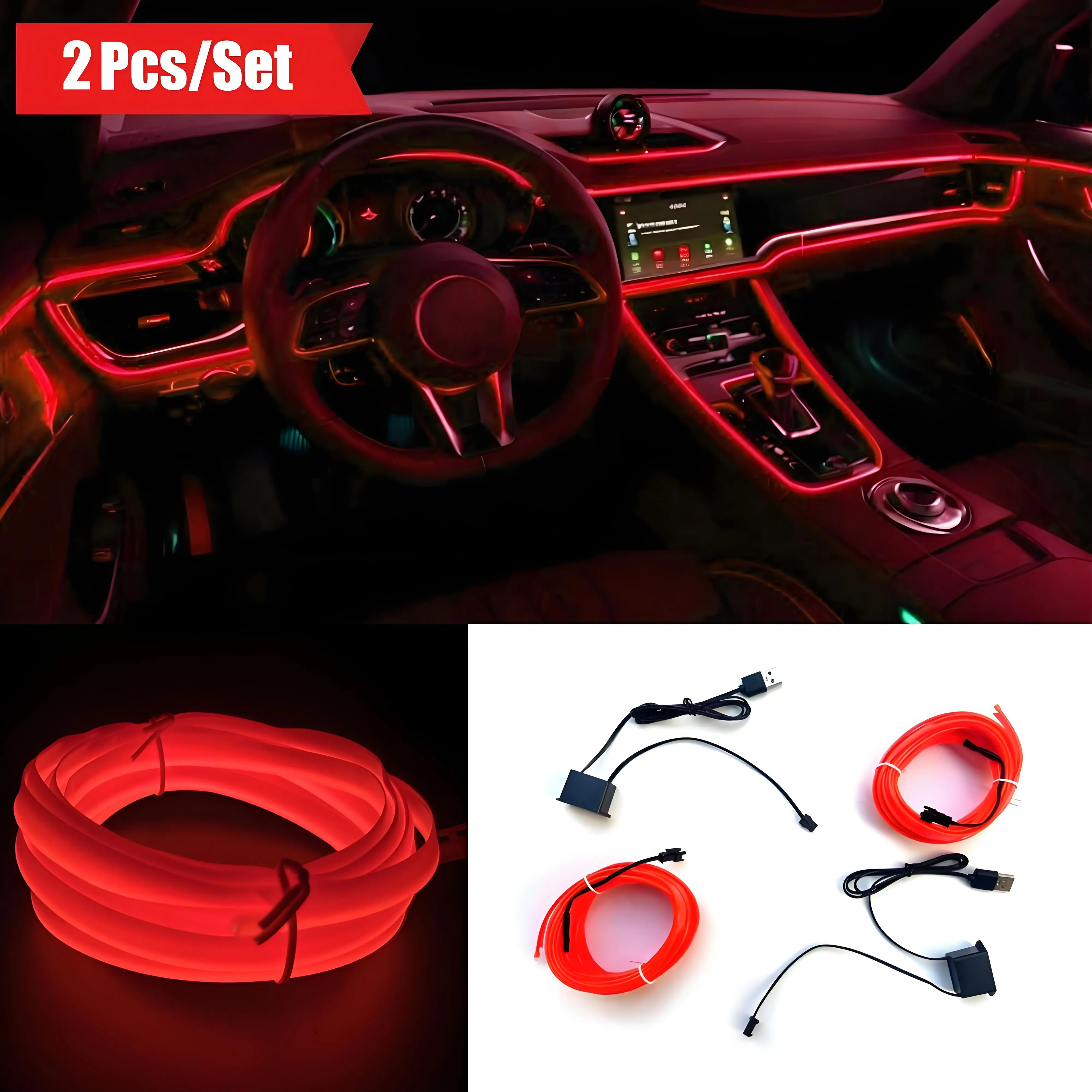 Car Neon Light Strip 2-Piece Set, 16FT 5V USB EL Line LED Interior Lighting for RVs, SUVs, Trucks, Available in Red, Blue,
