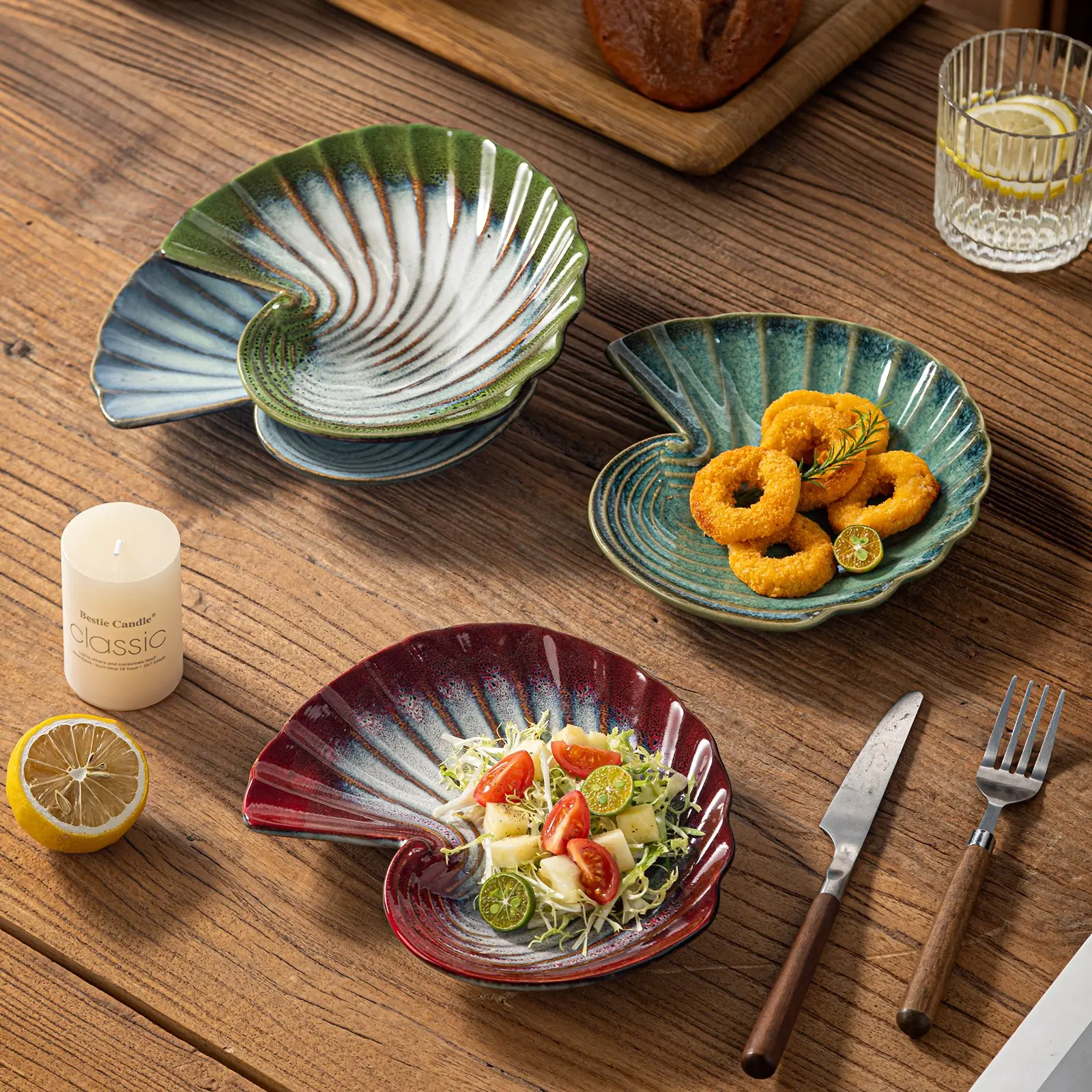 4 Piece Mixed Color Snack Plates Set, 8 Inch Shell-Shaped Modern Ceramic Dinnerware Plates, Microwave & Dishwasher Safe Tableware Kitchen Dishes
