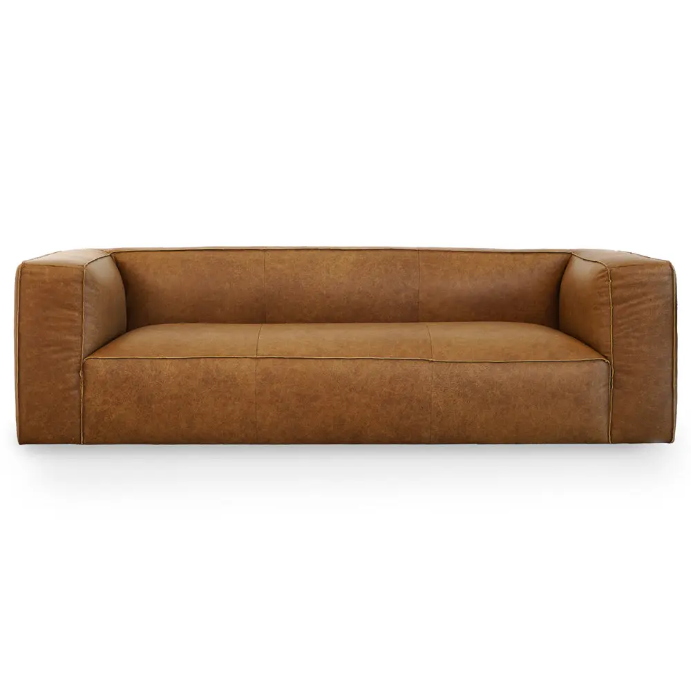 Emerson Top-Grain Brown Leather Sofa, Recessed Solid Wood Frame, Stubbed-Toe Design Indoor Furniture