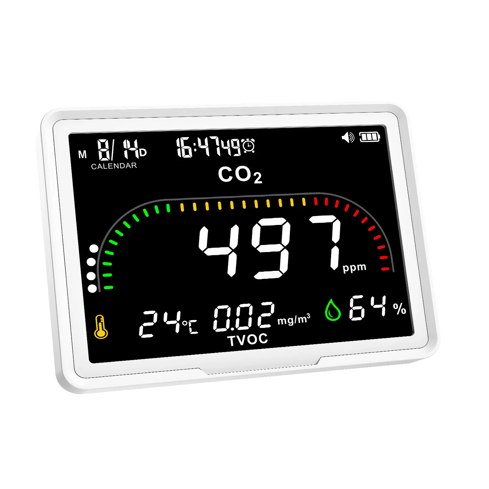 FABISENSE CO₂ Monitor with Large Display, Indoor Air Quality Monitor with CO₂, TVOC, Temperature & Humidity, Air Quality Clock with Alarm and Backlight for Home Office Bedroom