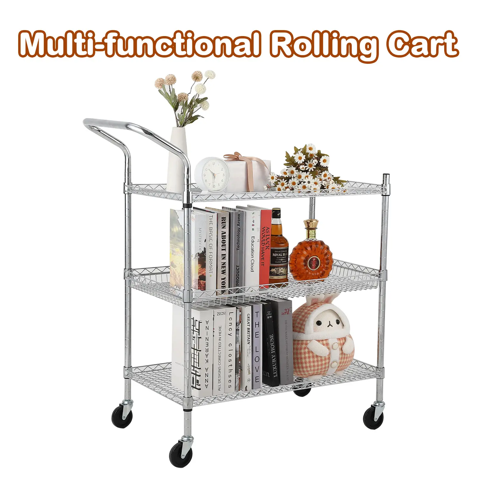 Heavy Duty Commercial Steel Wire Utility Cart - 2-Tier Adjustable Racks, High Handle, Locking Wheels, 500 lb Capacity Organiser for Office, Workshop Storage Organization (Home Improvement Building Supplies Trolley)