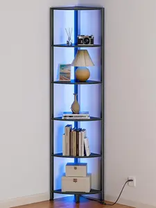6 Tier Corner Shelf with LED Light, 67.5 Tall Standing Shelf Organizer, Black Narrow Bookshelf with Storage Rack for Wall Corner, Living Room, Bedroom, Metal Frame,  Display Shelf