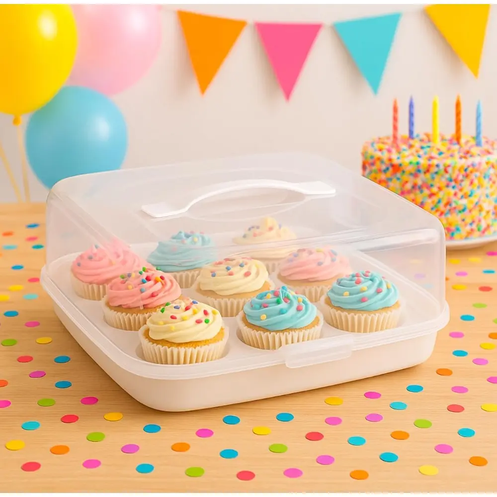 Cupcake Container with Clear Lid & White Base - Holds 9 Standard Cupcakes - 10.5 x 10.5 x 3.5 in - 4 Snap Locks - Stackable, Reusable Plastic Storage Box for Transport & Display