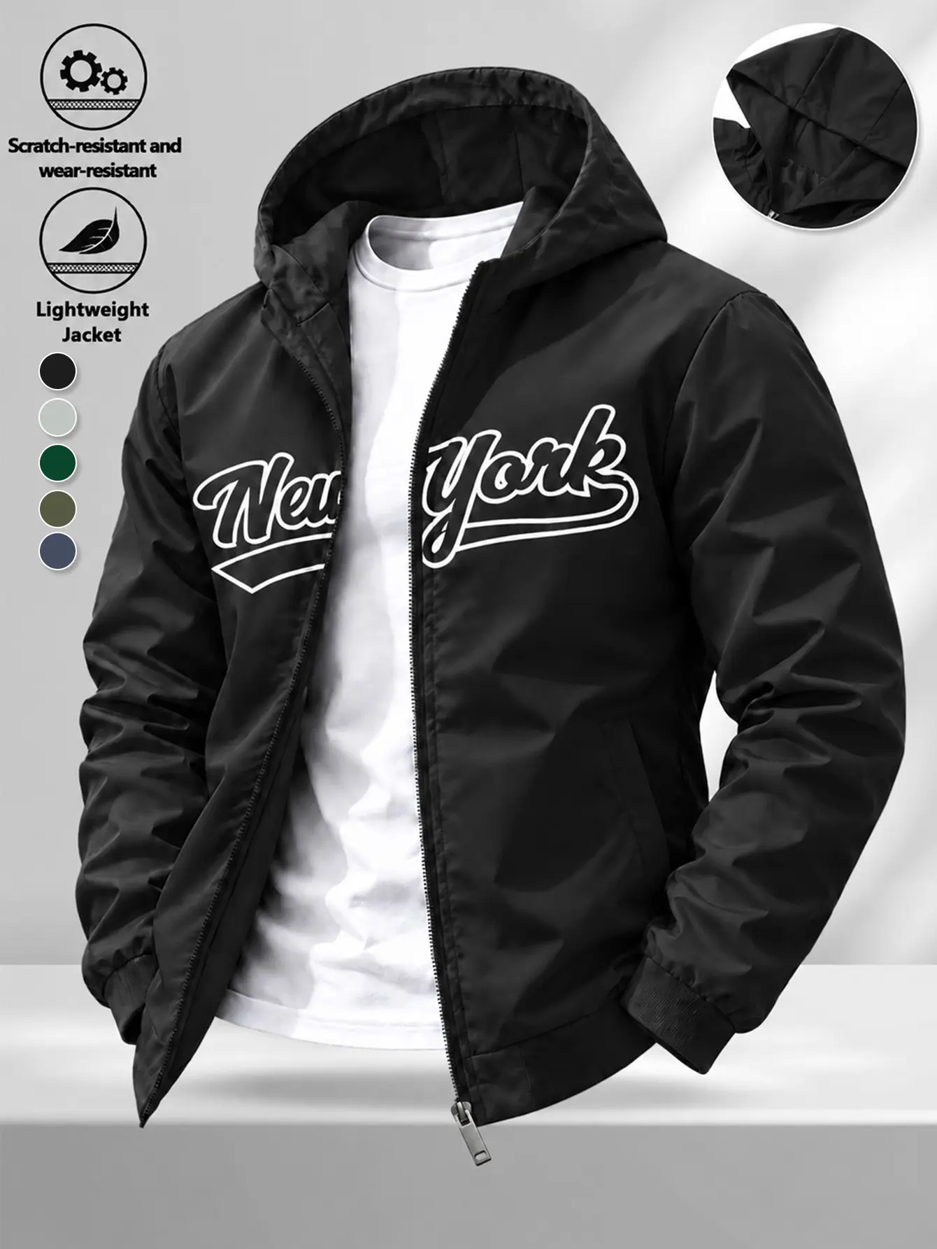 Men Black Hooded Lightweight Jacket New York Letter Print Full Zip Rib Cuff Spring Autumn Windproof Casual Coat