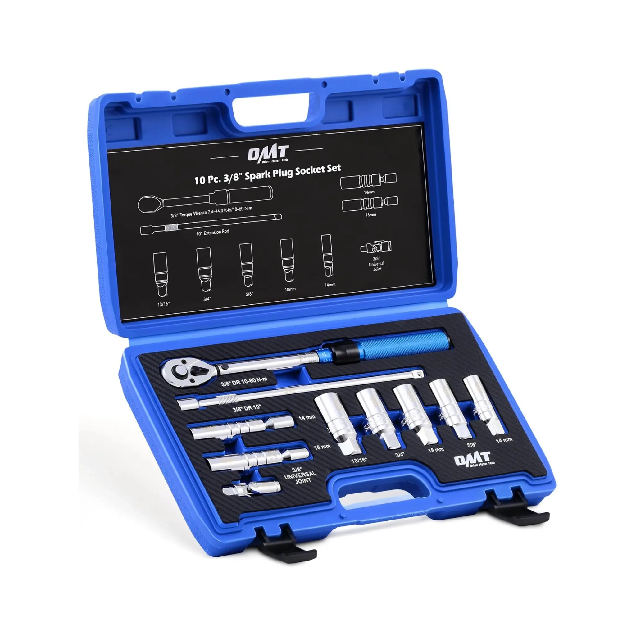 Orion Motor Tech 10pc 3/8 inch Drive Spark Plug Socket Set with 72 Tooth Click Torque Wrench, Magnetic Swivel Sockets, Universal Joint & Extension Bar, Cr-V Steel Magnetic Spark Plug Socket