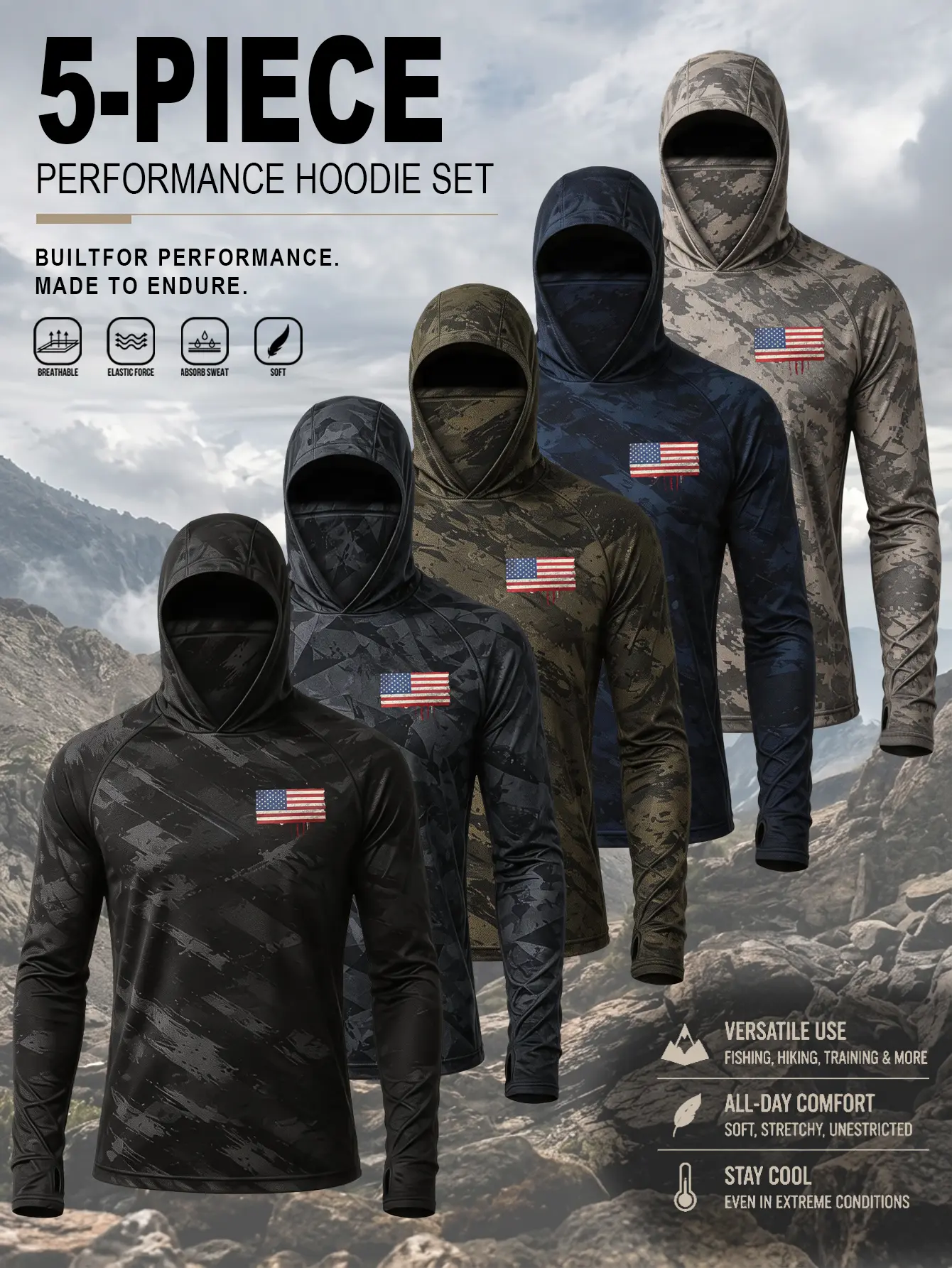 Men’s 5-Pack Camouflage Sun-Protection Active Hoodies Set, Fitted Outdoor Sportswear with USA Flag Chest Detail Fishing Shirts, Fitted Sportswear