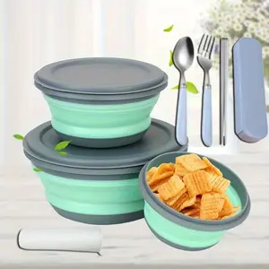 3pcs/Set Silicone Folding Bowls with Lid, with tableware and storage bag - Portable Utensils for Outdoor Travel, Picnics and Camping - Kitchen Expandable Folding Salad Plate Food Bowls