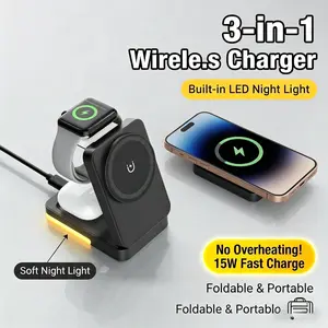 MagSafe 3-in-1 Qi Certified 15W Fast Wireless Charging Station, Usb Charge, Foldable Charging Dock with LED Night Light, Supports Simultaneous Charging for Phone Earbuds Smart Watch, Multi-Device Portable Charger Compatible with iPhone 15/14/13/12 Pro