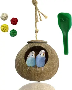 Coconut Shell Bird Nest, Coco Birds House,Parrots  Hut Habitats Decor,Parrot Cage Accessories for Lovebirds Cockatiel Canary Budgies,Feeder Spoon,4  Balls(6 Pcs)