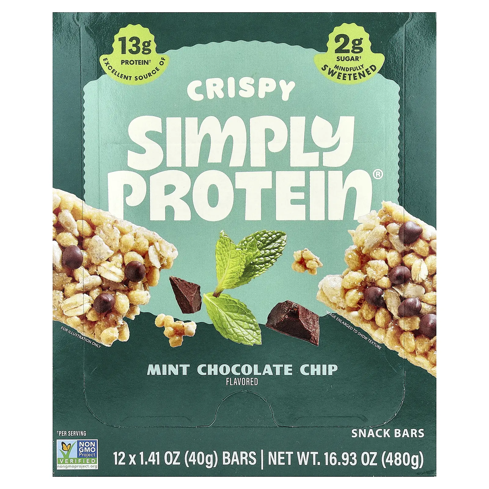 Simply Protein Crispy Snack Bars, Mint Chocolate Chip, 12 Bars, 1.41 oz (40 g) Each
