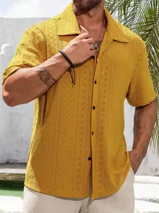 Men's Mustard Short Sleeve Shirt, Hollow Embroidery Knit, Casual Lapel Streetwear Top, Fitted Long Style, All Seasons