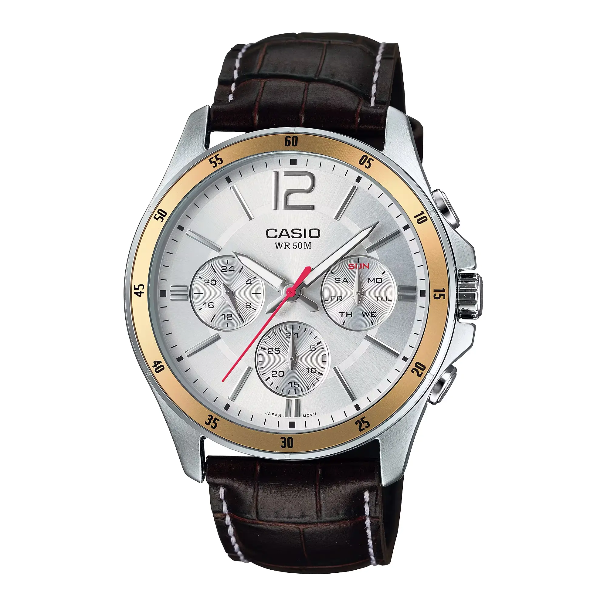 Casio Men’s Silver Dial Chronograph Leather Watch with Gold-Tone Bezel - MTP-1374L-7AV