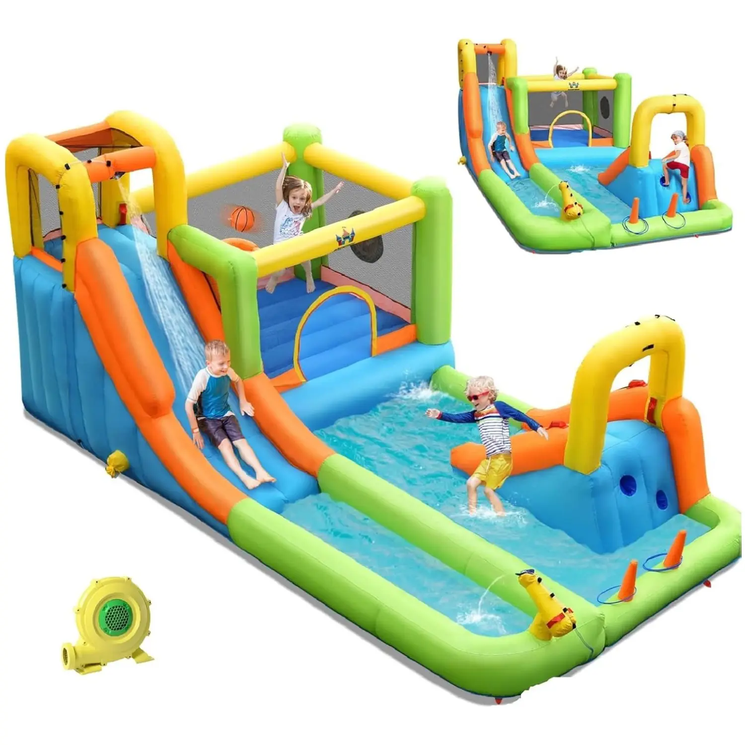 Costzon Inflatable Water Slide - Oxford Cloth Kids’ Backyard Toy with Air Blower, Climbing Feature, 100 lbs Capacity, Outdoor Party Gift for Inflatable Water Park Use, Bounce House Water Park, Water Play For Toddlers