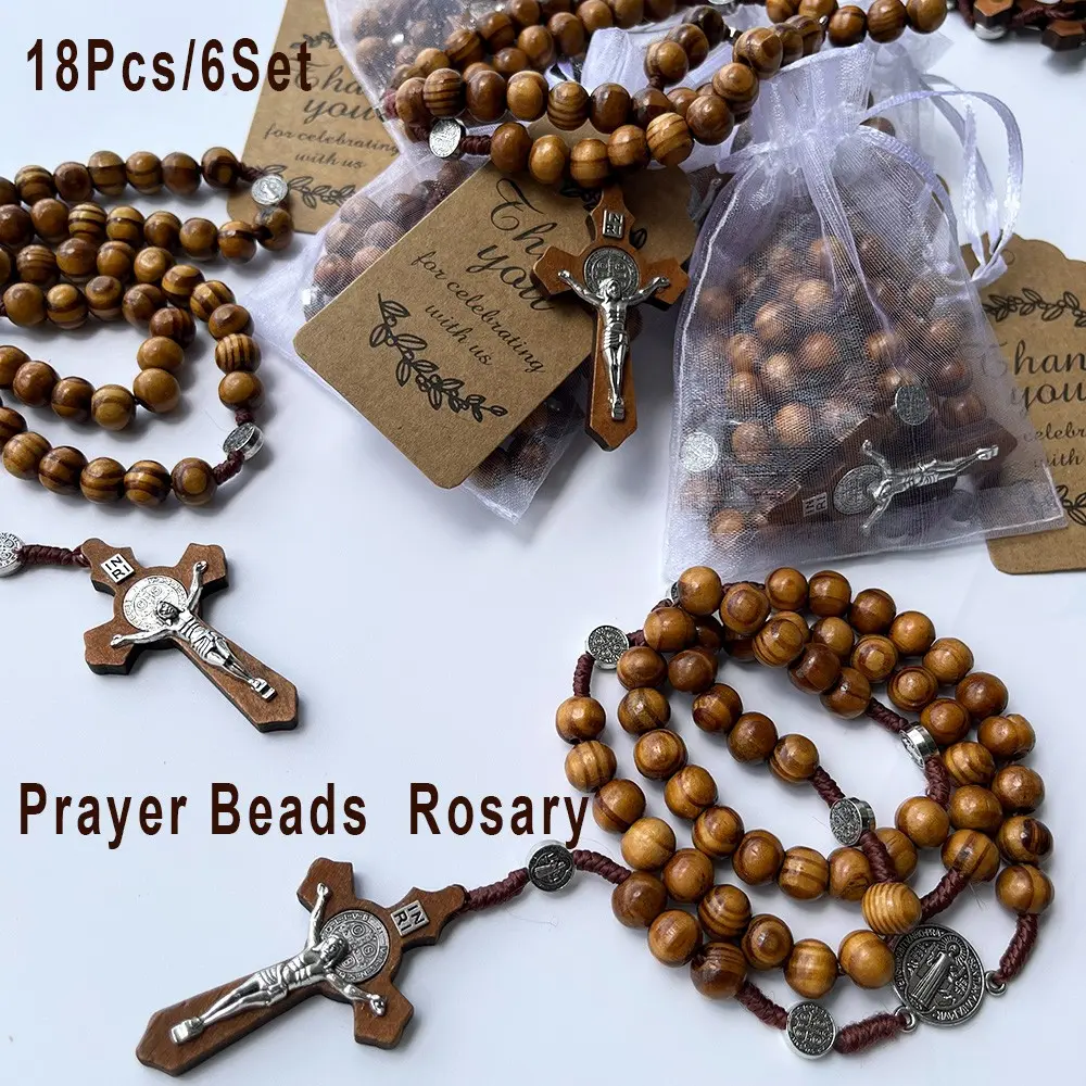 18pcs Vintage Handmade Wooden Bead Cross Rosary Party Gifts, Party Gift Packs, Includes 6 Rosaries, 6 Cards, 6 Organza Bags. Catholic Rosary, Baptism Favors, Wedding Gifts, First Communion Gifts, Party Souvenirs, Christmas Gifts
