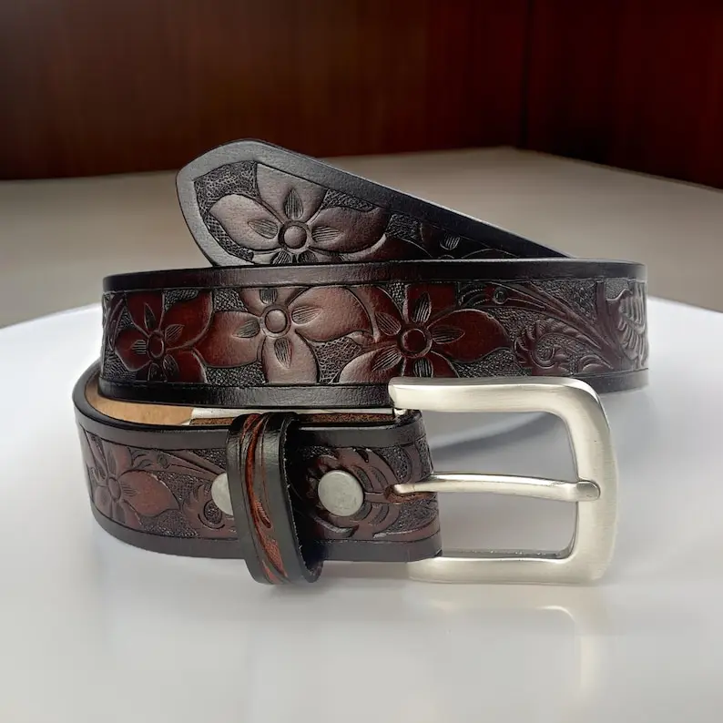 Woman leather belt, handmade western carved full grain leather belt, personalized engraved custom belt with removable buckle