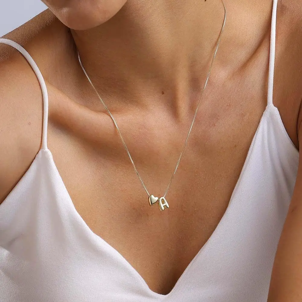 Gold Initial Necklaces for Women, Charm Bubble Gold Letter Necklace Name Personalized Heart Shaped Pendant Necklace for Women