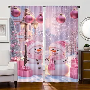 2-Piece set, Merry Christmas Pink Snowman Holiday Curtains - Rod Mount, with Snowman, Gifts and Winter Scenes, Digital Printed Holiday Decor, Suitable for Living Room, Kitchen, Dining Room Home Decor, Outdoor Christmas Decor, Home Decoration Curtain