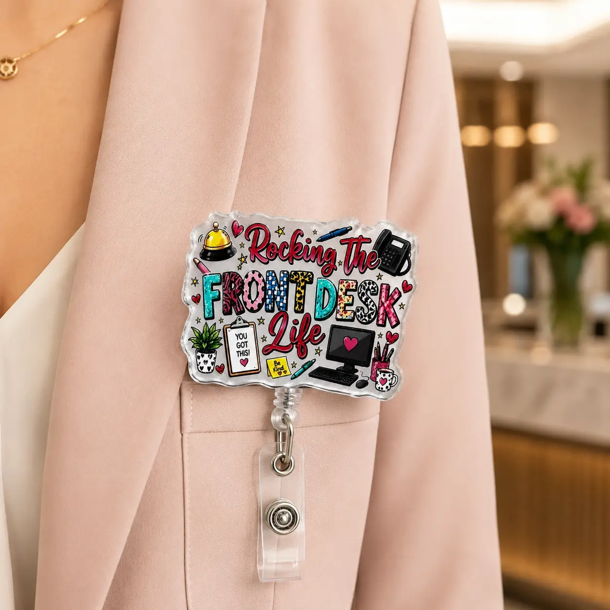 Rocking the Front Desk Life Badge Reel Cute Front Desk Work Accessory for Receptionists Office Staff Hotel Team Members and Customer Service Professionals