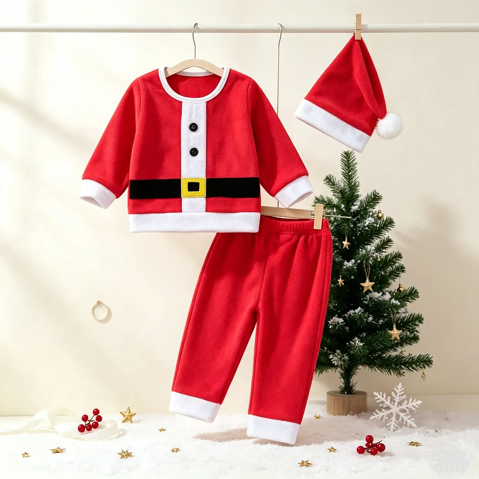 Unisex Toddler 3-Piece Christmas Clothes Set, Polyester Long Sleeve Belt Print Button Top, Long Pants, Santa Hat, Patchwork Look, CPSIA Label, Fall Unisex Wear Set Pack