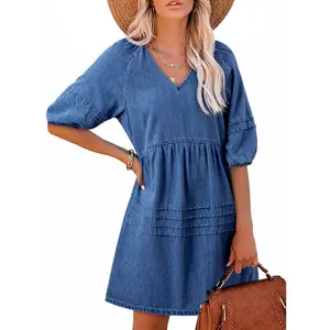 Dokotoo Denim Dress for Women Casual V Neck Puff Short Sleeve Mini Jean Dress Cute Back Tie Summer Dresses