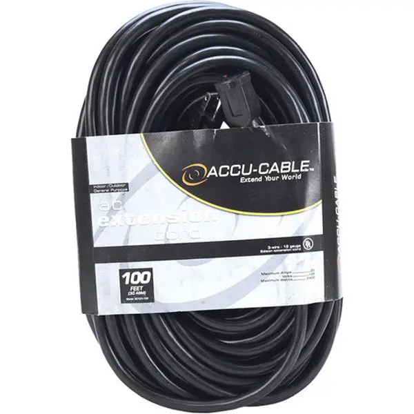 American DJ EC123-100 100 ft 12 AWG 3-Wire Black Edison Extension Cord, 125V, 20A, 2400W