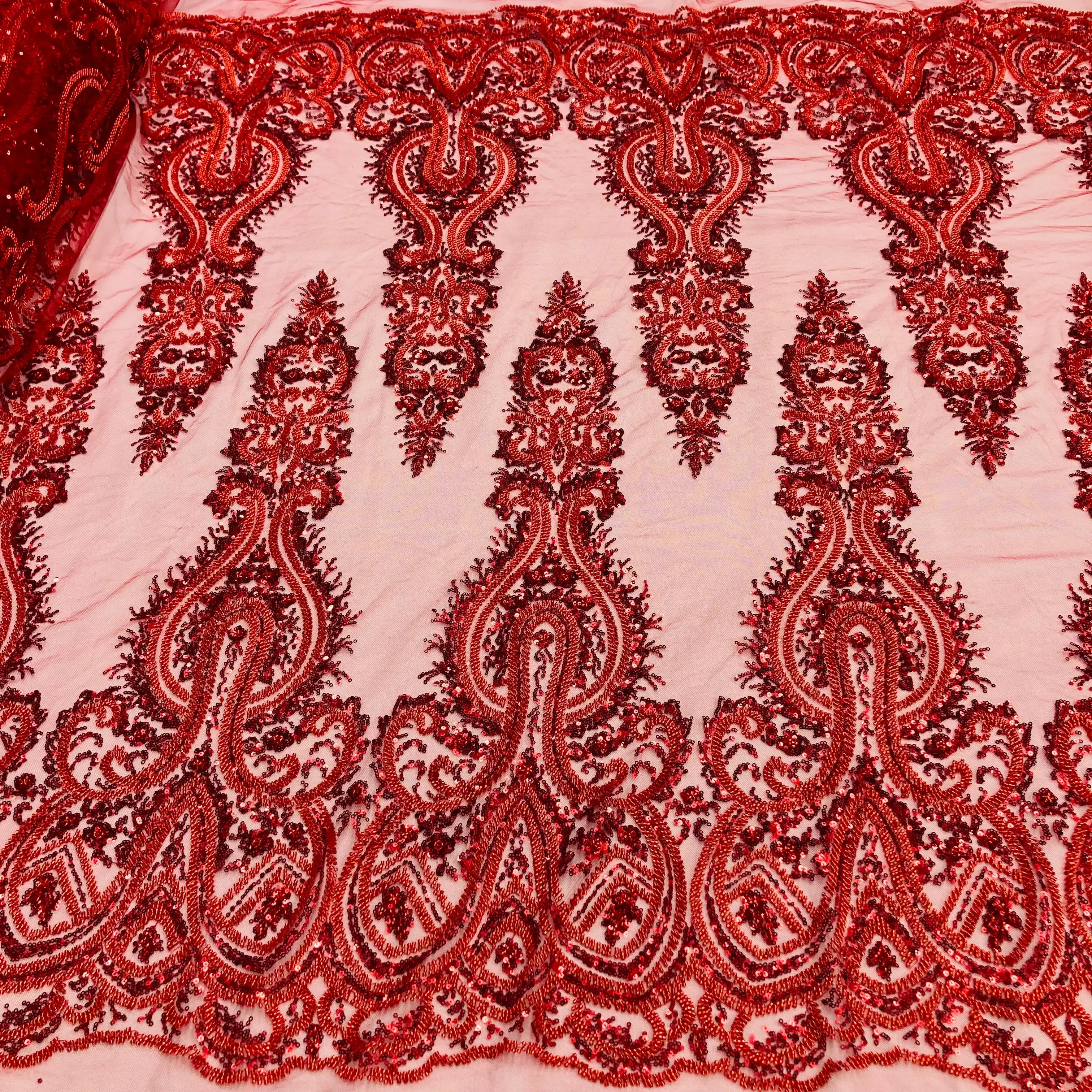 Handmade Lace Fabric, Beaded Embroidered Polyester Mesh Embellished with Pearls and Sequins for Wedding Dresses & Evening Gowns, 51" Wide, Lace Detail, Formal Wear, Pearl Accents, Lace Embroidered Beaded Lace Fabric