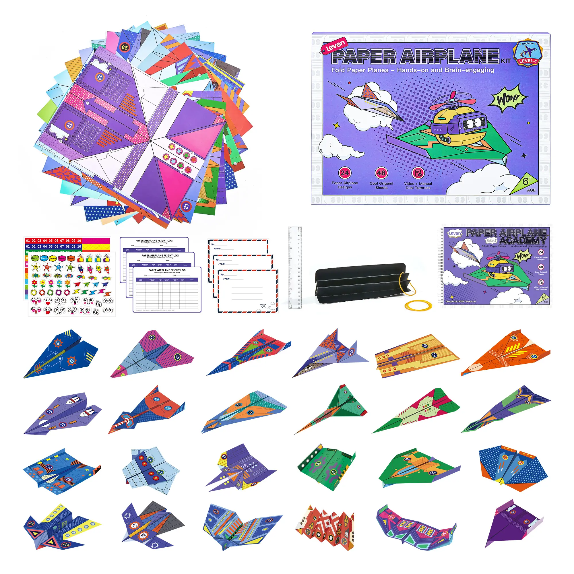 Leven DIY Paper Airplane Kit – 24 Creative Paper Plane Designs, 48 Colorful Origami Sheets, Illustrated Guide + Video Tutorial for Kids Ages 6+, Fun STEM Arts & Crafts Kit with Flight Experiments, Gift-Ready (11.61 x 8.66 inches), Colored Paper Papercraft