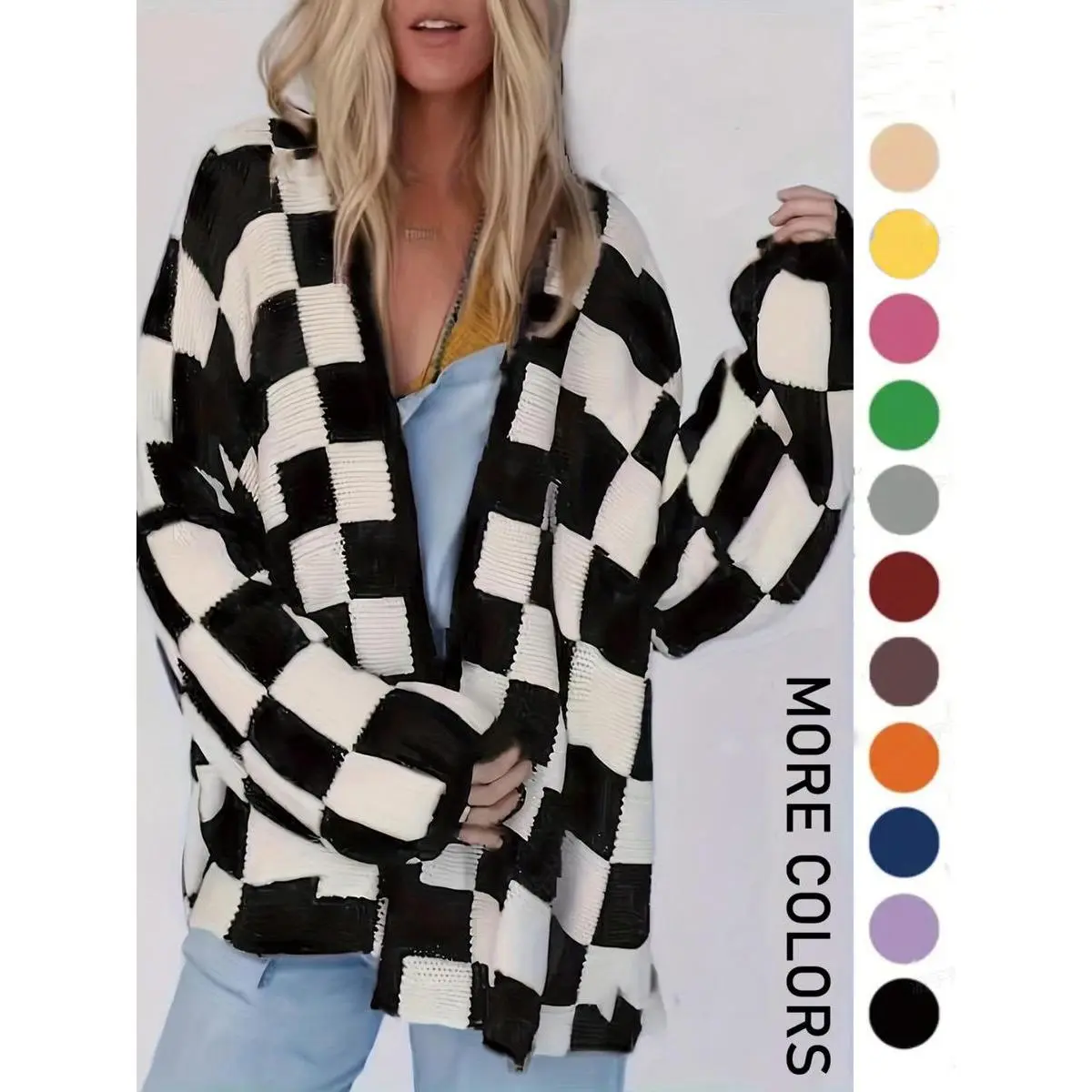 Plus Size Plaid Color Block Cardigan for Women, Casual Oversize Thick Knit Open Front Top with Long Sleeves for Fall & Winter, Tops, Loose, Knitting, Oversized, Lady, Style, Fabric, 4Xl, Daily Wear, V-Neck