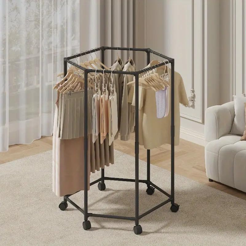 360° Rotating Hexagonal Clothes Drying Rack with Wheels, Heavy Duty Garment Rack, Space Saving Foldable Laundry Hanger, Indoor Outdoor Clothing Organizer