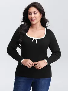 【 U-neck】 Bloomchic Square Neck Bowknot Fitted Pullover Black Long Sleeve U-neck Casual Summer Tops for Women Slim-Fitting Basic Blouses Minimalist Shirts - Womenswear