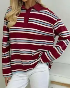 Women's Striped Long-Sleeve Polo Top - Lady's Casual Clothes, Polyester-Cotton Blend, Oversized Relaxed Fit, Hip Length, Comfortable