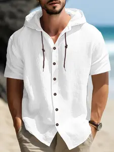 Men's Fashionable European Style Hooded Linen Shirt, Breathable Textured Fabric, Summer Vacation Commute Daily Comfort Casual Top