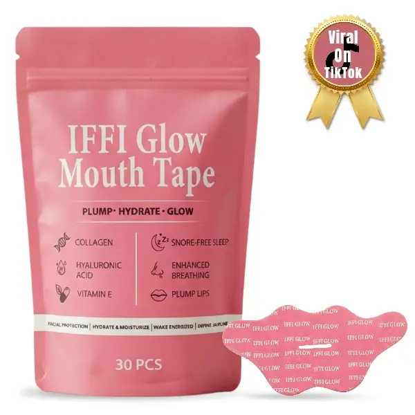 IFFI Glow Hydrating Sleeping Mouth Tape (30 Pieces) - Lip Care Cosmetics with Collagen, Hyaluronic Acid, Vitamin E, Built-In Moisturizer, Gentle Anti-Snoring Solution for Sensitive Skin, Plumping, Glossy Lips, Long-Lasting Hydration