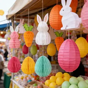 Easter 3D Heart Paper Pull Flower String, Vertical Hanging Paper Ball Decor, Spring Theme Vibrant Birthday Party Background Wall Decoration, Paper Chain Garland