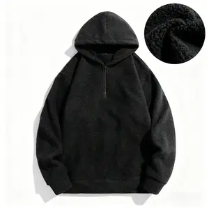 Black Sheepskin Faux Fur Half Zip Hoodie Winter Warm Fleece Pullover Coat Loose Casual Jacket Plush Lambswool Semi-zipper Design for Cozy Stylish Wear