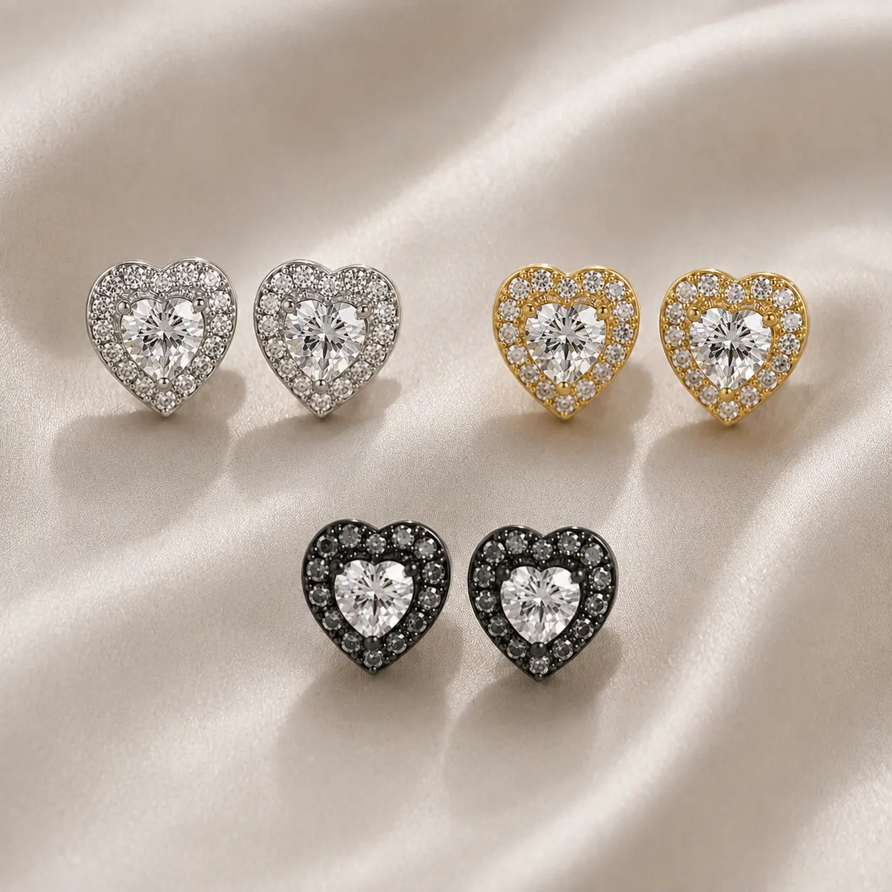 3Pairs Heart Cubic Zirconia Earrings Studs, Dainty Everyday Halo CZ Birthstone Earrings Simulated Diamond Stud Earrings for Women Hypoallergenic