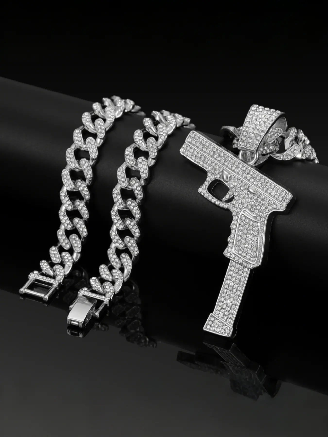 Hip Hop Gun Shape Zircon Pendant Necklace, Alloy Cuban Link Design Chain Street Style Art Culture Jewelry, Unisex Hipster Fashion Accessory