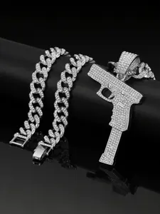 Hip Hop Gun Shape Zircon Pendant Necklace, Alloy Cuban Link Chain Street Style Art Culture Jewelry, Unisex Hipster Fashion Accessory