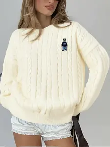 Women's Fashion Plus Size Knit Sweater, College Style Bear Embroidery, Loose Fit Long Sleeve Pullover, Spring & Fall Casual Top, Womenswear