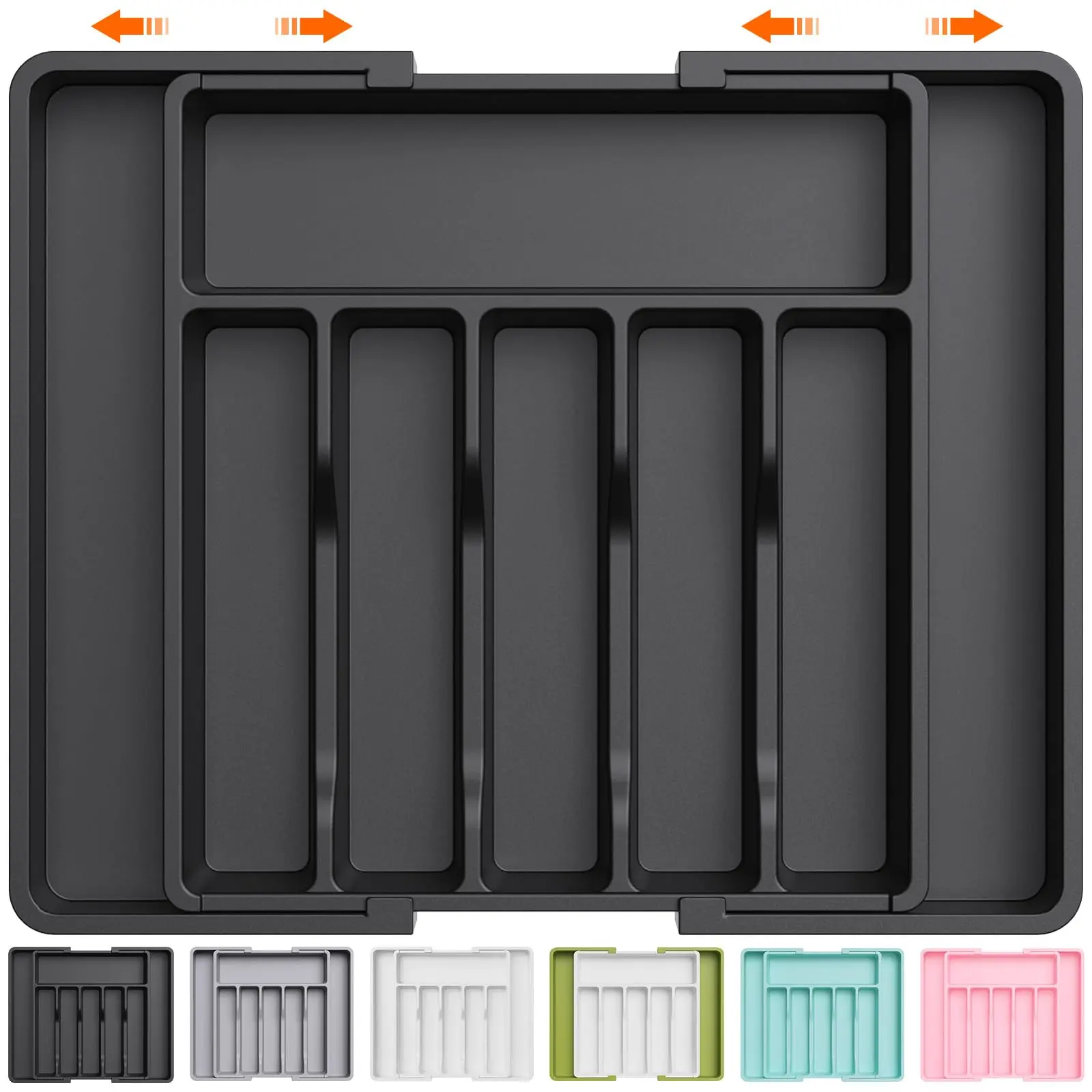 Large Silverware Drawer Organizer, Expandable Utensil Tray for Kitchen, BPA Free Flatware and Cutlery Holder, Adjustable Plastic Storage for Spoons Forks Knives, Large, Black