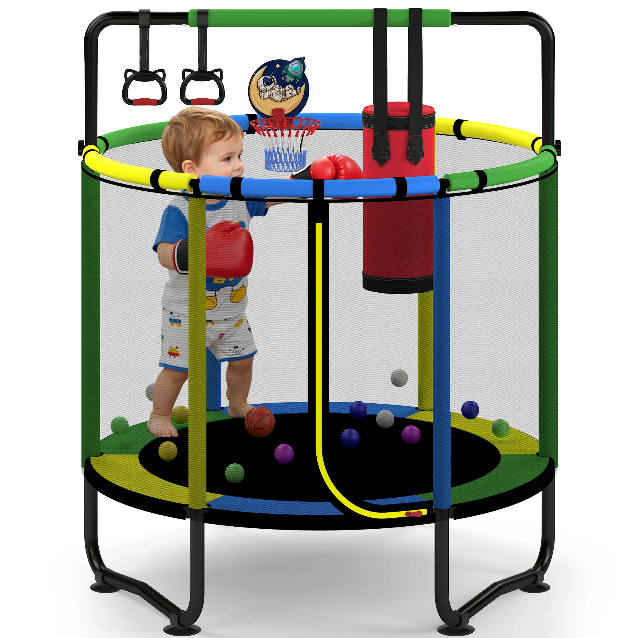 Mini Round Trampoline for Kids with Basketball Hoop, 55'' Indoor Outdoor Toddler Trampoline with Enclosure Net, Swing, Sandbag, Ring, Ocean Balls, Small Trampoline Gift for Boys Girls, Best Christmas Gift for Kids, Black Friday