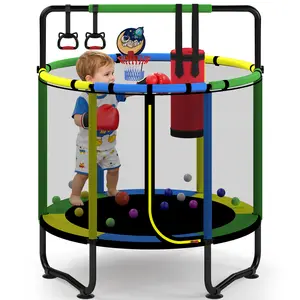 Mini Round Trampoline for Kids with Basketball Hoop, 55'' Indoor Outdoor Toddler Trampoline with Enclosure Net, Swing, Sandbag, Ring, Ocean Balls, Small Trampoline Gift for Boys Girls, Best Christmas Gift for Kids, Black Friday