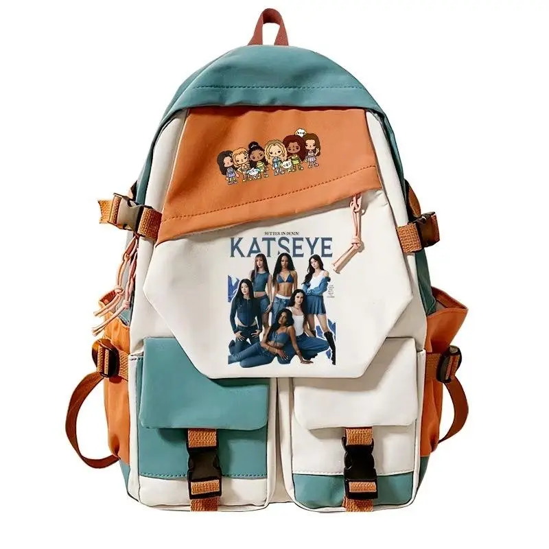 Teal Orange White Color Block Flap Laptop Backpack Dual Portrait Graphic Print Water Resistant Nylon Travel School Bag