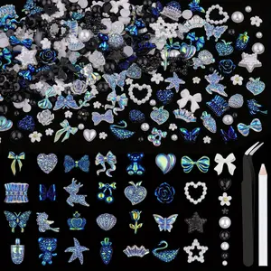 Clear AB & Black 150 PCS 3D Nail Charms Butterfly Bow Star Heart Bear Shiny Jewels with 3D Flowers and Flat Pearls, Over 400 PCS Cute Charms in Total with Pickup Tools for Nail Art Design and Decoration, Nail Decoration Supplies