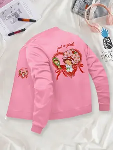 Cute Girly Style Strawberry Doll Print Baseball Jacket Daily Casual Fashion Top Lightweight Comfortable, Suitable for Daily Wear and Outdoor Activities