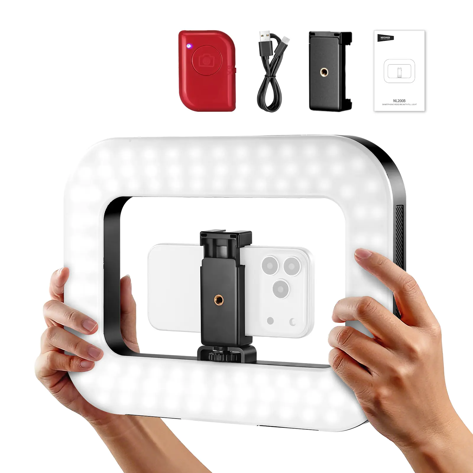NEEWER NL200B Smartphone Video Rig Accessories with 20W Bi-Color LED Ring Light, Handheld Stabilizer Grip, 5200mAh Rechargeable Battery, 3 Cold Shoe Mounts, Square Phone Holder for Vlogging, Live Streaming, Selfie