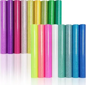 17 count Glitter HTV Sheets 12x10 Inch - Easy Weed & Cut Heat Transfer Vinyl for Cricut/Silhouette, Mixed Color Sparkle Iron On Vinyl for T-Shirts, DIY Crafts